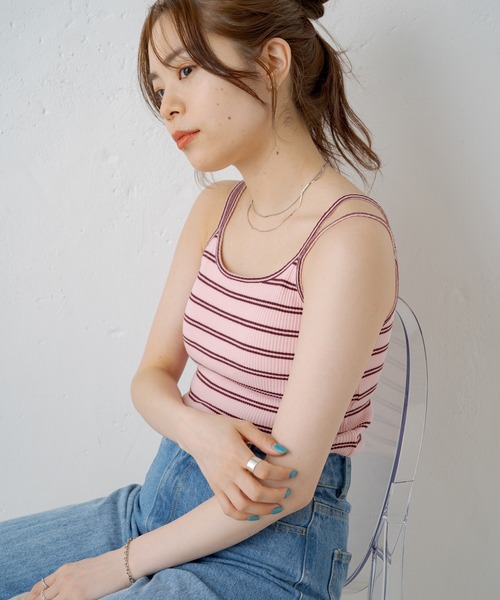 Kastane（カスタネ）の「【新色追加】カップ付2ストラップボーダーキャミ（Tシャツ/カットソー・レディース・イエロー/グリーン/ピンク/オフホワイト・FREE）」の20枚目の写真