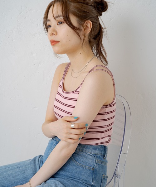 Kastane（カスタネ）の「【新色追加】カップ付2ストラップボーダーキャミ（Tシャツ/カットソー・レディース・イエロー/グリーン/ピンク/オフホワイト・FREE）」の21枚目の写真