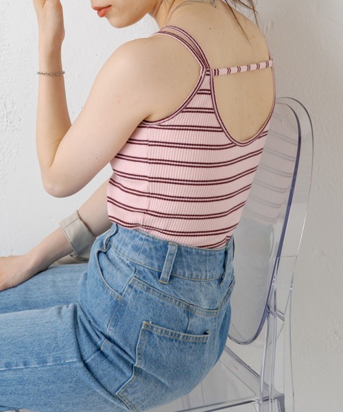 Kastane（カスタネ）の「【新色追加】カップ付2ストラップボーダーキャミ（Tシャツ/カットソー・レディース・イエロー/グリーン/ピンク/オフホワイト・FREE）」の19枚目の写真