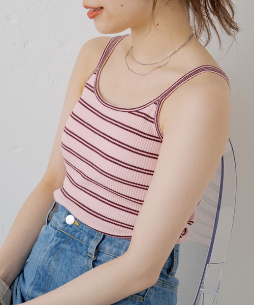 Kastane（カスタネ）の「【新色追加】カップ付2ストラップボーダーキャミ（Tシャツ/カットソー・レディース・イエロー/グリーン/ピンク/オフホワイト・FREE）」の18枚目の写真