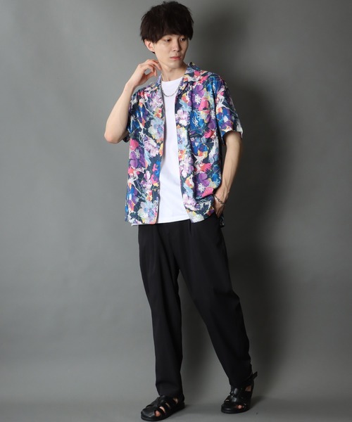 セール】Silky Drape Open Collar Street Aloha Shirt/シルキー