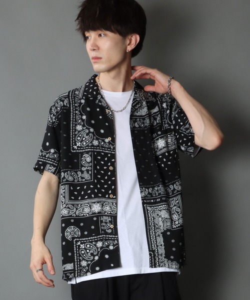 セール】Silky Drape Open Collar Street Aloha Shirt/シルキー