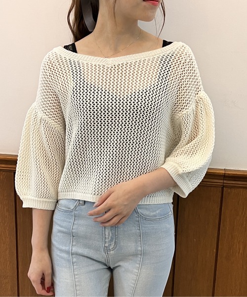 one way（ワンウェイ）の「タックスリーブメッシュカーデ（カーディガン/ボレロ・レディース・ホワイト/ブラック/ライトブラウン/ダークグリーン・FREE）」の2枚目の写真