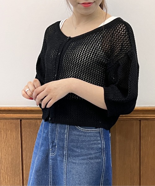 one way（ワンウェイ）の「タックスリーブメッシュカーデ（カーディガン/ボレロ・レディース・ホワイト/ブラック/ライトブラウン/ダークグリーン・FREE）」の3枚目の写真
