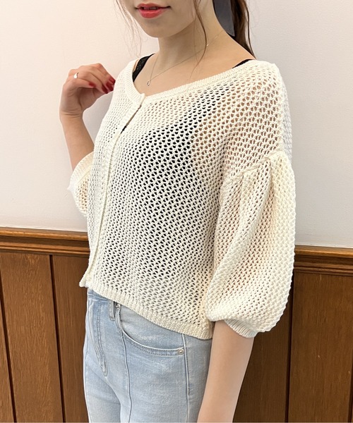 one way（ワンウェイ）の「タックスリーブメッシュカーデ（カーディガン/ボレロ・レディース・ホワイト/ブラック/ライトブラウン/ダークグリーン・FREE）」の6枚目の写真