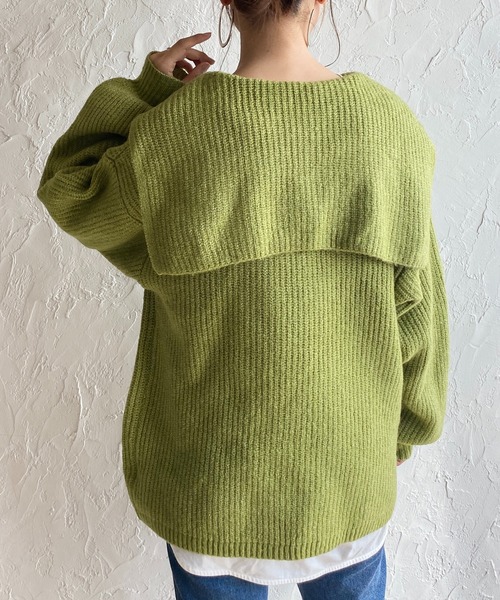 She's Closet（シーズクローゼット）の「モヘアライク深Vネックボリュームスリーブセーラーカラーリブニット（ニット/セーター・レディース・ブルー/グレー/アイボリー/ブラック/グリーン・FREE）」の5枚目の写真