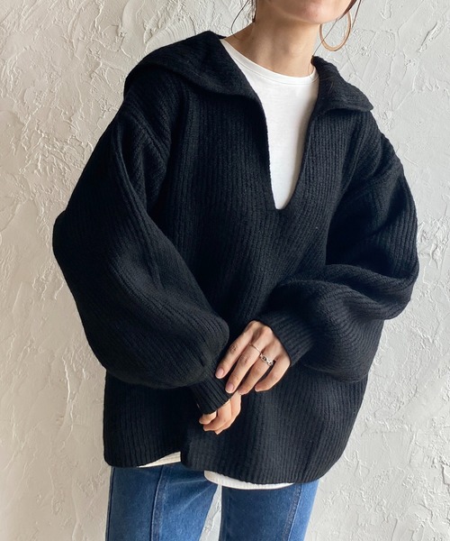 She's Closet（シーズクローゼット）の「モヘアライク深Vネックボリュームスリーブセーラーカラーリブニット（ニット/セーター・レディース・ブルー/グレー/アイボリー/ブラック/グリーン・FREE）」の3枚目の写真