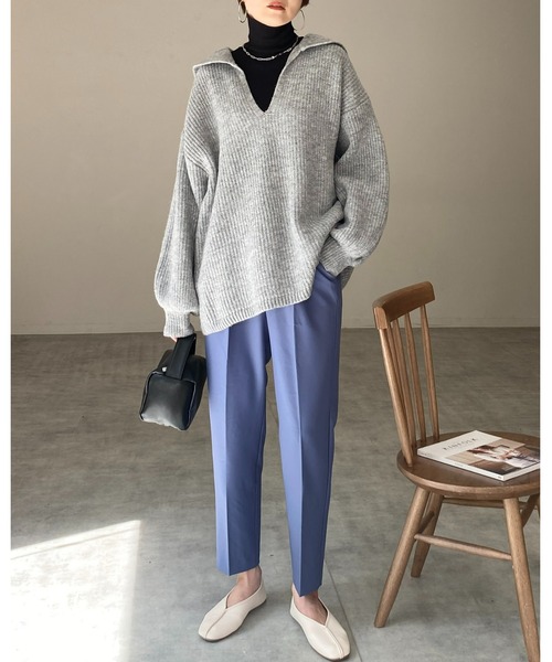 She's Closet（シーズクローゼット）の「モヘアライク深Vネックボリュームスリーブセーラーカラーリブニット（ニット/セーター・レディース・ブルー/グレー/アイボリー/ブラック/グリーン・FREE）」の7枚目の写真