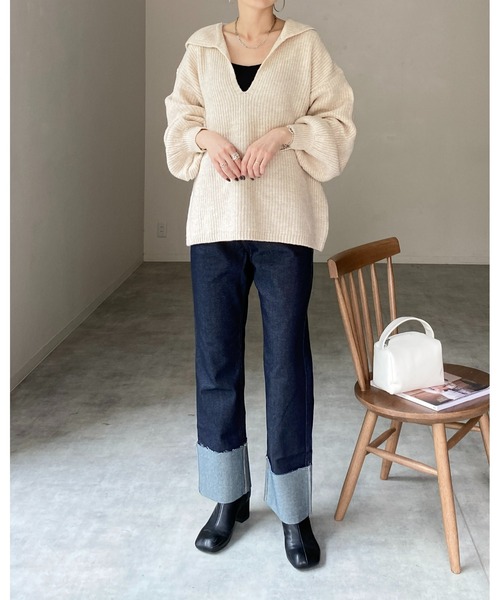 She's Closet（シーズクローゼット）の「モヘアライク深Vネックボリュームスリーブセーラーカラーリブニット（ニット/セーター・レディース・ブルー/グレー/アイボリー/ブラック/グリーン・FREE）」の9枚目の写真