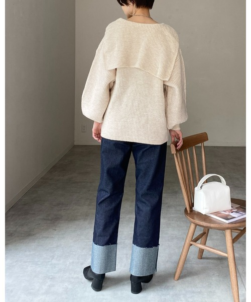 She's Closet（シーズクローゼット）の「モヘアライク深Vネックボリュームスリーブセーラーカラーリブニット（ニット/セーター・レディース・ブルー/グレー/アイボリー/ブラック/グリーン・FREE）」の11枚目の写真