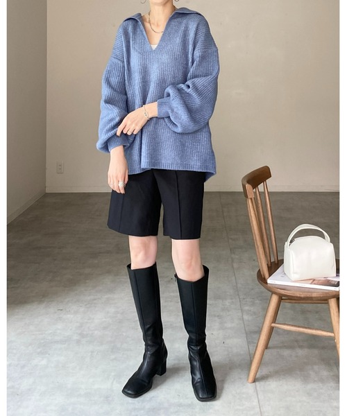 She's Closet（シーズクローゼット）の「モヘアライク深Vネックボリュームスリーブセーラーカラーリブニット（ニット/セーター・レディース・ブルー/グレー/アイボリー/ブラック/グリーン・FREE）」の12枚目の写真