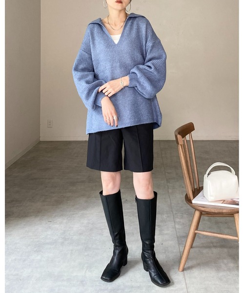 She's Closet（シーズクローゼット）の「モヘアライク深Vネックボリュームスリーブセーラーカラーリブニット（ニット/セーター・レディース・ブルー/グレー/アイボリー/ブラック/グリーン・FREE）」の13枚目の写真
