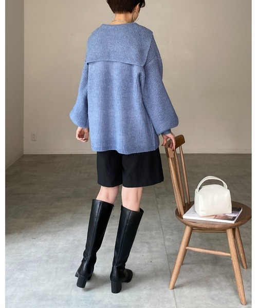 She's Closet（シーズクローゼット）の「モヘアライク深Vネックボリュームスリーブセーラーカラーリブニット（ニット/セーター・レディース・ブルー/グレー/アイボリー/ブラック/グリーン・FREE）」の14枚目の写真