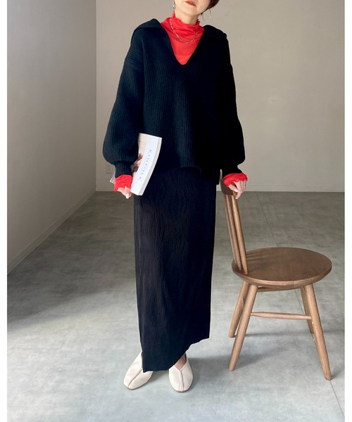 She's Closet（シーズクローゼット）の「モヘアライク深Vネックボリュームスリーブセーラーカラーリブニット（ニット/セーター・レディース・ブルー/グレー/アイボリー/ブラック/グリーン・FREE）」の15枚目の写真