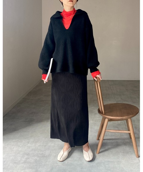 She's Closet（シーズクローゼット）の「モヘアライク深Vネックボリュームスリーブセーラーカラーリブニット（ニット/セーター・レディース・ブルー/グレー/アイボリー/ブラック/グリーン・FREE）」の16枚目の写真