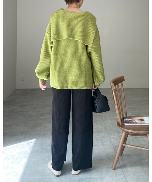 She's Closet（シーズクローゼット）の「モヘアライク深Vネックボリュームスリーブセーラーカラーリブニット（ニット/セーター・レディース・ブルー/グレー/アイボリー/ブラック/グリーン・FREE）」の21枚目の写真