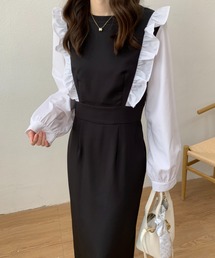 バイカラーショルダーフリルロングワンピース