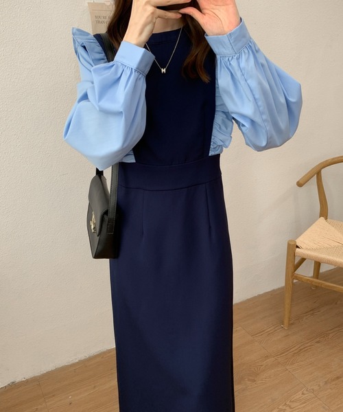 ABITOKYO(アビトーキョー)の「バイカラーショルダーフリルロングワンピース(ワンピース・レディース・ホワイト/ブルー・S/M)」の15枚目の写真