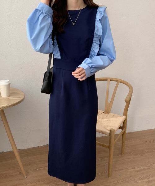 ABITOKYO(アビトーキョー)の「バイカラーショルダーフリルロングワンピース(ワンピース・レディース・ホワイト/ブルー・S/M)」の14枚目の写真