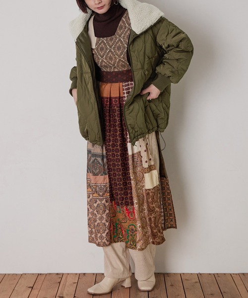 Fashion Letter（ファッションレター）の「ボア&キルティングミドルジャケット（ミリタリージャケット・レディース・カーキブラウン/アイボリー/ブラック・M）」の14枚目の写真