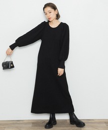 パフスリーブ起毛ワッフルカットワンピース