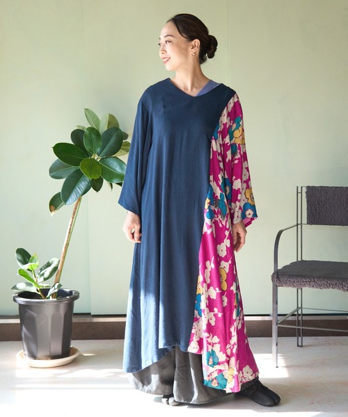 カヤ(カヤ)の「【カヤ】ジャポネズリ 華やぎ銘仙ワンピース(ワンピース・レディース・ネイビー/グリーン/ブラック/グレー・FREE)」の1枚目の写真