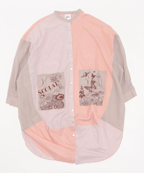 ScoLar（スカラー）の「132649：線描きアート柄ストライプ切替シャツ