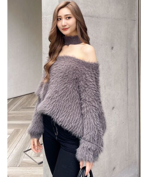 GYDA（ジェイダ）の「オフショルシャギーチョーカーニットトップス（ニット/セーター・レディース・パープル/チャコールグレー/アイボリー・FREE）」の6枚目の写真