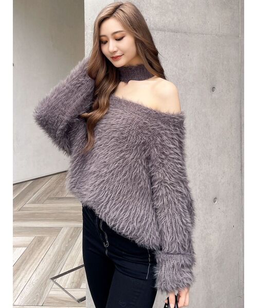 GYDA（ジェイダ）の「オフショルシャギーチョーカーニットトップス（ニット/セーター・レディース・パープル/チャコールグレー/アイボリー・FREE）」の7枚目の写真