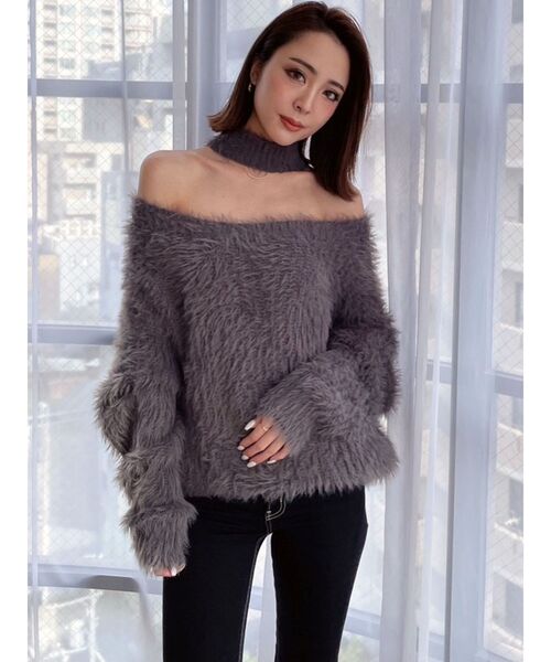 GYDA（ジェイダ）の「オフショルシャギーチョーカーニットトップス（ニット/セーター・レディース・パープル/チャコールグレー/アイボリー・FREE）」の12枚目の写真