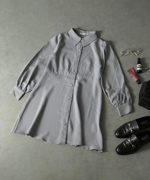 ☆ 千鳥柄/無地BIGカラーシャツワンピース 36350（ワンピース