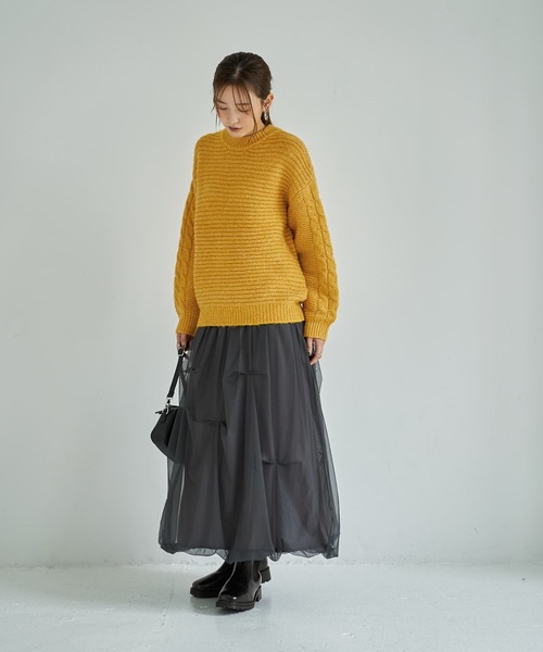 STYLE DELI（スタイルデリ）の「袖だけケーブル編みニットプルオーバー（ニット/セーター・レディース・ダークブラウン/イエロー・FREE）」の9枚目の写真