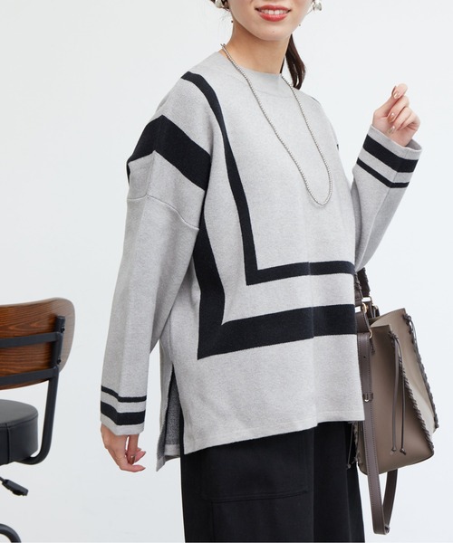 Chez toi（シェトワ）の「配色ラインポンチョニット（ニット/セーター・レディース・ブラック/グレー/ブルー・FREE）」の3枚目の写真