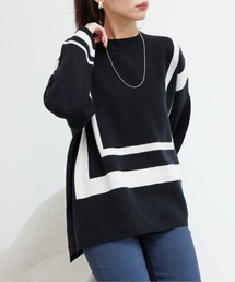 Chez toi | 配色ラインポンチョニット(ニット/セーター)