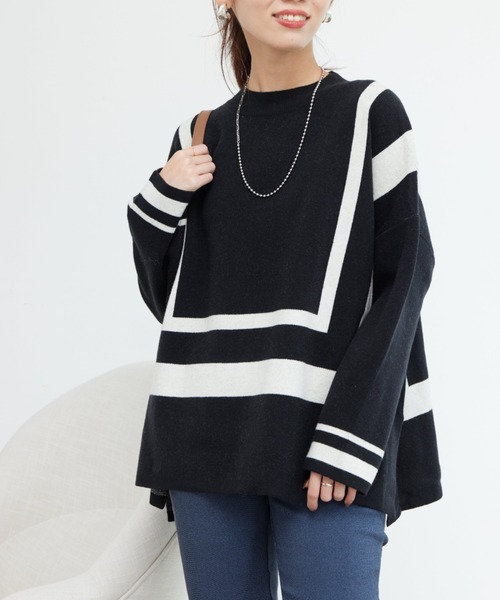 Chez toi（シェトワ）の「配色ラインポンチョニット（ニット/セーター・レディース・ブラック/グレー/ブルー・FREE）」の14枚目の写真