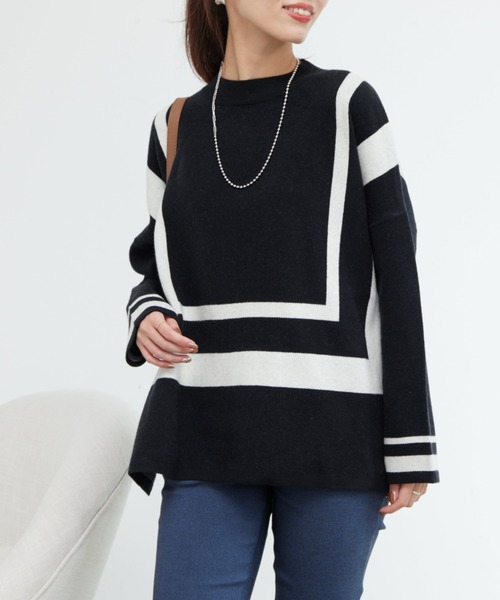 Chez toi（シェトワ）の「配色ラインポンチョニット（ニット/セーター・レディース・ブラック/グレー/ブルー・FREE）」の16枚目の写真