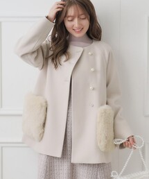 couture brooch | 【フェイクファー付け外し可能】フェイクファーポケットハーフコート(ノーカラーコート)