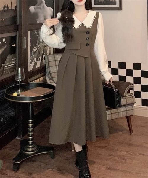 FREE STYLISTS（フリー スタイリスト）の「バイカラー セットアップ風フレアワンピース（ワンピース・レディース・ブラウン・S/M/L/XL）」の6枚目の写真