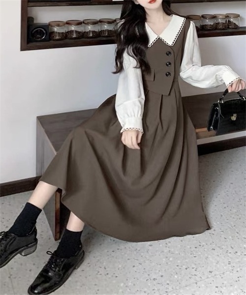 FREE STYLISTS（フリー スタイリスト）の「バイカラー セットアップ風フレアワンピース（ワンピース・レディース・ブラウン・S/M/L/XL）」の12枚目の写真