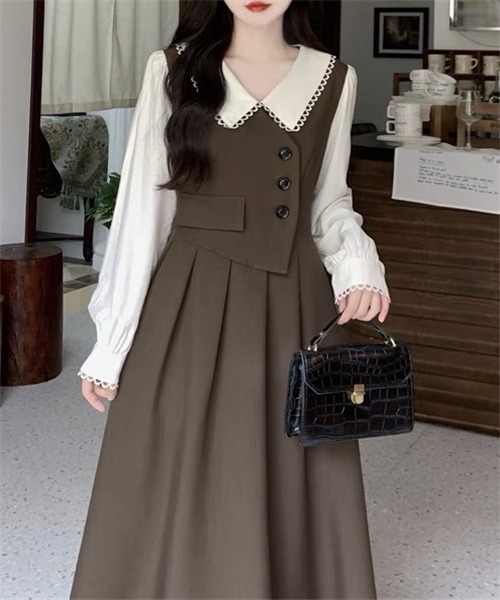 FREE STYLISTS（フリー スタイリスト）の「バイカラー セットアップ風フレアワンピース（ワンピース・レディース・ブラウン・S/M/L/XL）」の7枚目の写真