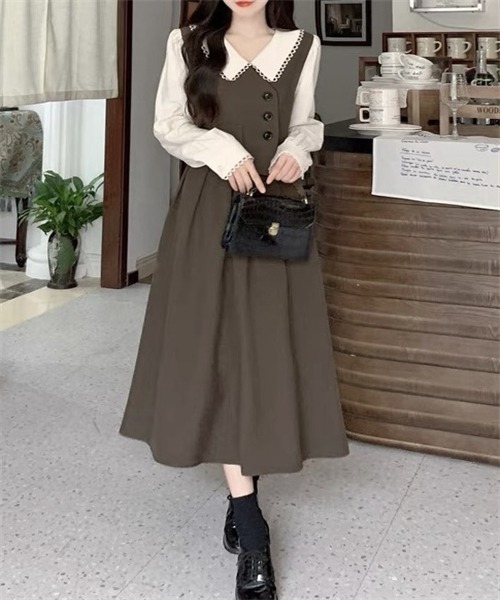 FREE STYLISTS（フリー スタイリスト）の「バイカラー セットアップ風フレアワンピース（ワンピース・レディース・ブラウン・S/M/L/XL）」の4枚目の写真