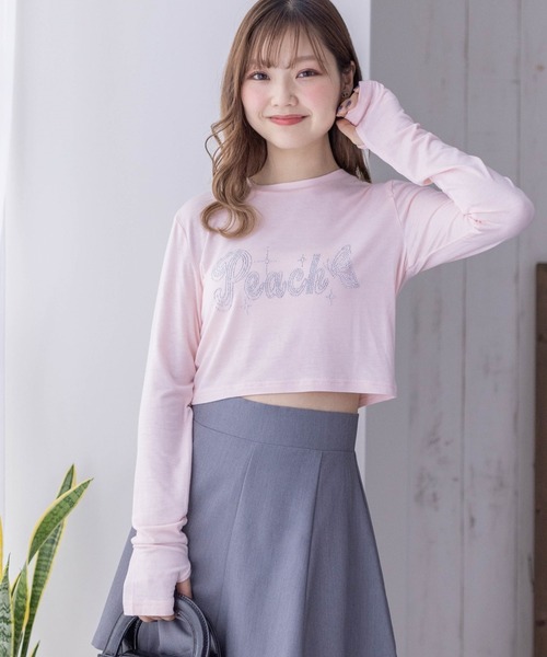 clear(クリア)の「ストーンロゴ長袖カットソートップス/ショート丈ロンT(Tシャツ/カットソー・レディース・オフホワイト/ブラック/ピンク・F)」の3枚目の写真