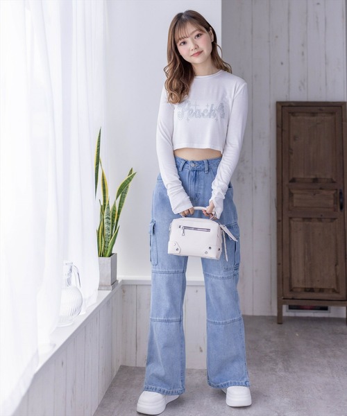 clear(クリア)の「ストーンロゴ長袖カットソートップス/ショート丈ロンT(Tシャツ/カットソー・レディース・オフホワイト/ブラック/ピンク・F)」の13枚目の写真