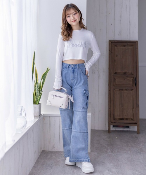 clear(クリア)の「ストーンロゴ長袖カットソートップス/ショート丈ロンT(Tシャツ/カットソー・レディース・オフホワイト/ブラック/ピンク・F)」の14枚目の写真