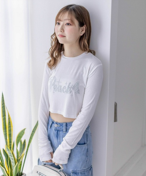 clear(クリア)の「ストーンロゴ長袖カットソートップス/ショート丈ロンT(Tシャツ/カットソー・レディース・オフホワイト/ブラック/ピンク・F)」の15枚目の写真