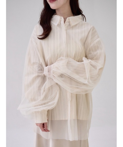 mellowneon（メロウネオン）の「ストライプシャツ＆チュールシャツセット / 3way / マルチウェイ（シャツ/ブラウス・レディース・アイボリー/ホワイト/ベージュ・FREE）」の2枚目の写真