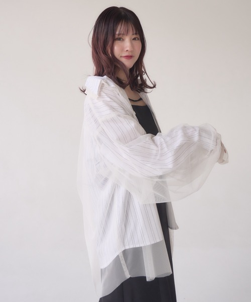 mellowneon（メロウネオン）の「ストライプシャツ＆チュールシャツセット / 3way / マルチウェイ（シャツ/ブラウス・レディース・アイボリー/ホワイト/ベージュ・FREE）」の8枚目の写真