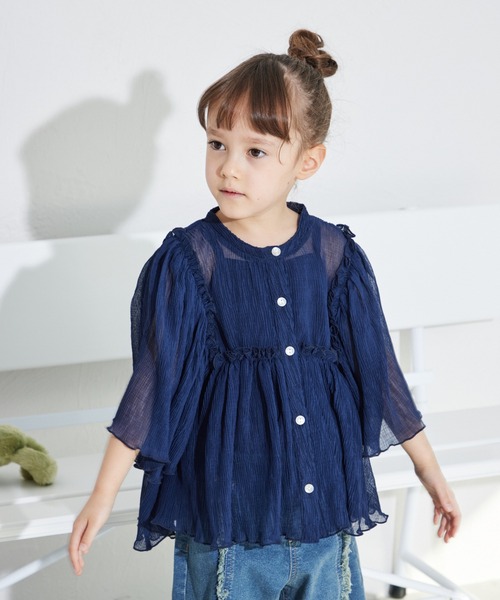 pairmanon(ペアマノン)の「袖ボリューム スタンドネック シアーブラウス(シャツ/ブラウス・キッズ・ネイビー/ピンク系その他/アイボリー・90/80/150/140/120/130/100/110)」の1枚目の写真