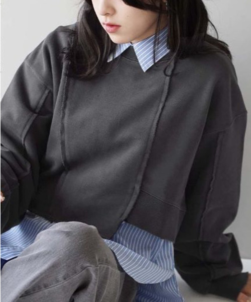 e-zakkamania stores（イーザッカマニアストアーズ）の「ダメージ ショートスウェット プルオーバー（スウェット・レディース・チャコール/ブルー・フリー）」の4枚目の写真