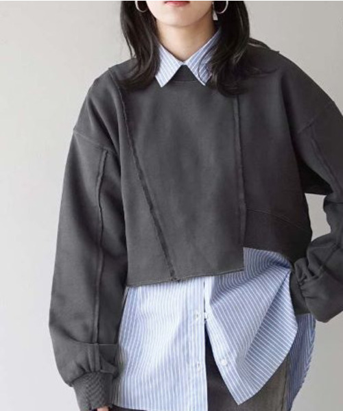 e-zakkamania stores（イーザッカマニアストアーズ）の「ダメージ ショートスウェット プルオーバー（スウェット・レディース・チャコール/ブルー・フリー）」の6枚目の写真